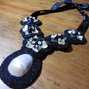 Beaded Shell Bib Necklace  Adjustable Ribbon  NWOT